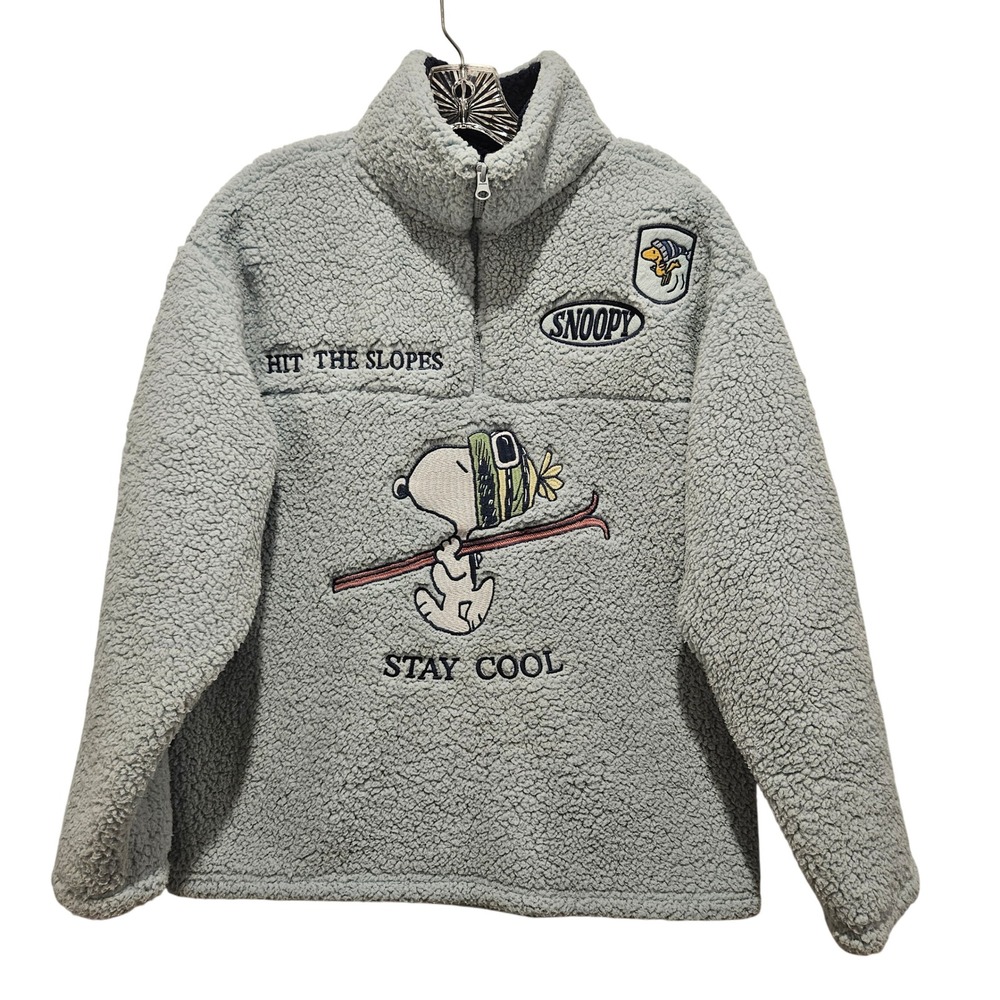 Peanuts Pullover Women M Blue Snoopy Ski Sherpa Fleece Quarter Zip Nostalgia